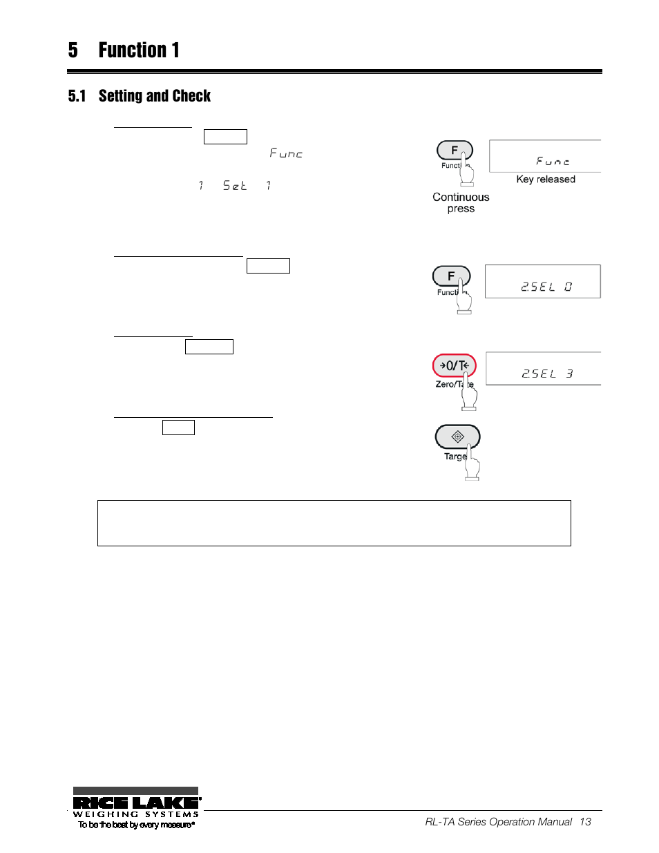 5 function 1, 1 setting and check, Call function 1 | Select the next setting item, Change settings, Complete the setting of functions, Function 1, Setting and check | Rice Lake TA Series, Rice Lake Weighing Systems User Manual | Page 17 / 88