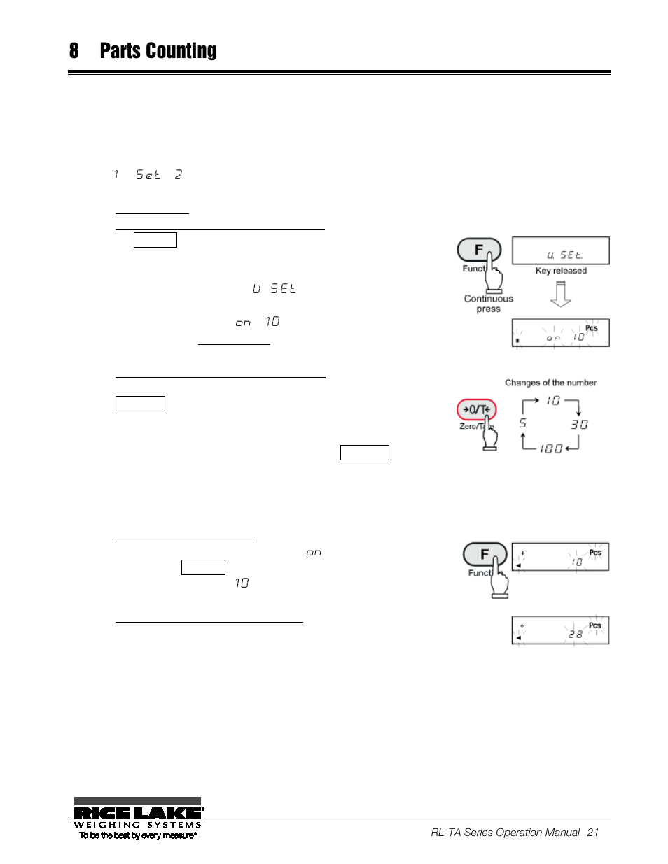 8 parts counting, Start sampling, Change the number of samples as required | Put a sample on the balance, Put additional samples on the balance, Parts counting | Rice Lake TA Series, Rice Lake Weighing Systems User Manual | Page 25 / 88