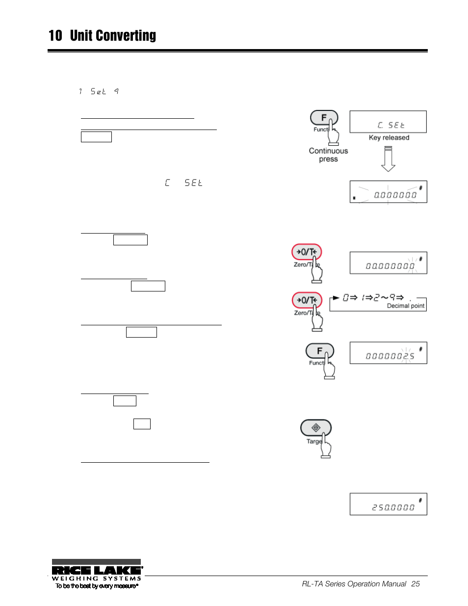 10 unit converting, Displaying the coefficient setting, Enter a coefficient | Changing numbers, Select digit places to specify a coefficient, Save the coefficient, Put a sample to weigh on the balance, Unit converting | Rice Lake TA Series, Rice Lake Weighing Systems User Manual | Page 29 / 88