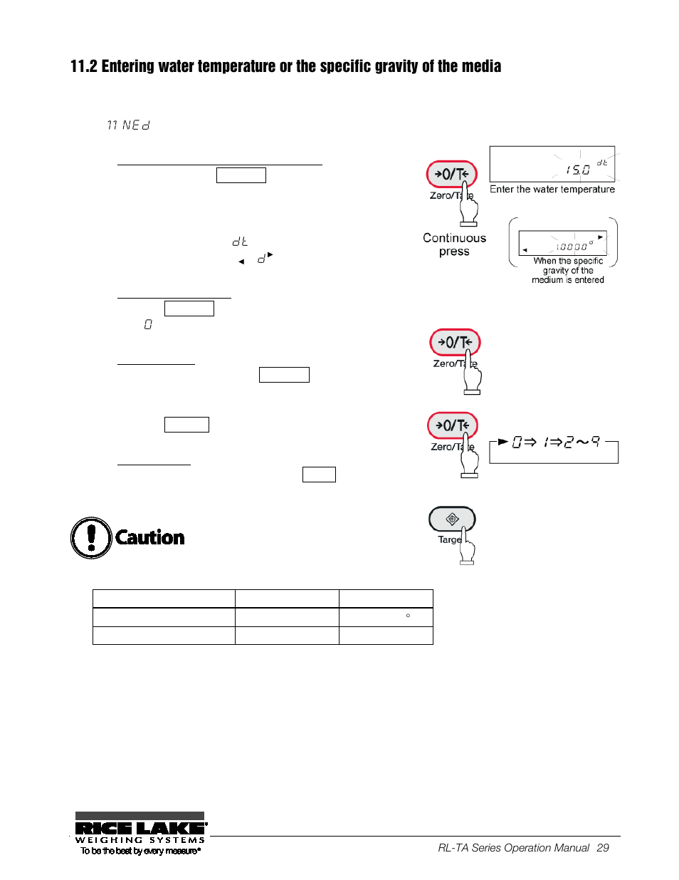 Call the mode to enter a correction value, Begin entering a value, Enter the value | Save the value, Entering water temperature or the, Specific gravity of the media | Rice Lake TA Series, Rice Lake Weighing Systems User Manual | Page 33 / 88