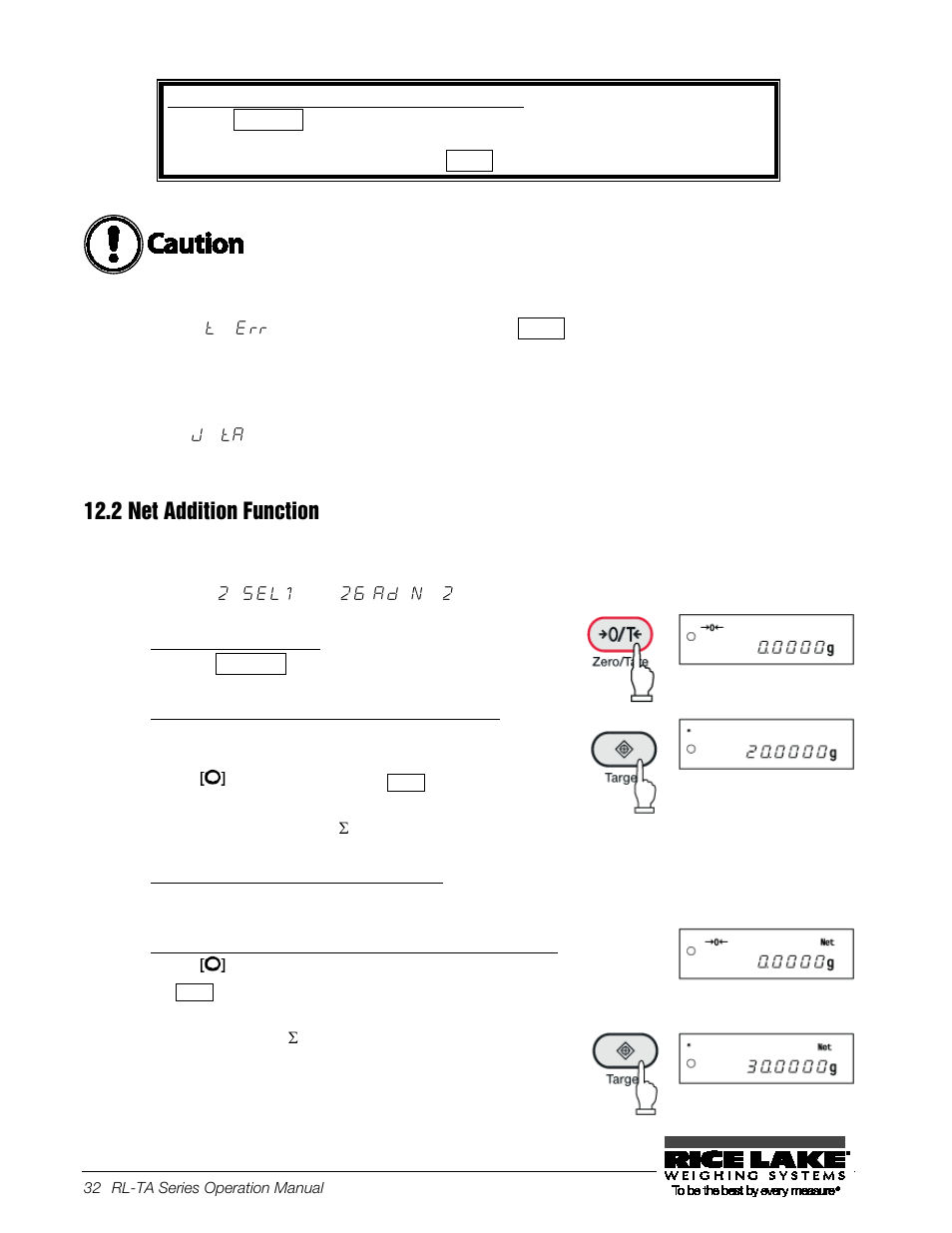 2 net addition function, Reset the display to “0, Put samples on the balance, and obtain the weight | The balance automatically sets tare range, Net addition function | Rice Lake TA Series, Rice Lake Weighing Systems User Manual | Page 36 / 88