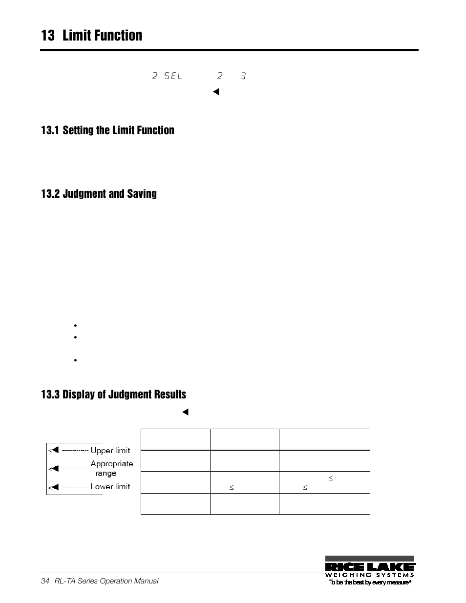 13 limit function, 1 setting the limit function, 2 judgment and saving | 3 display of judgment results, Limit function, Setting the limit function, Judgment and saving, Display of judgment results | Rice Lake TA Series, Rice Lake Weighing Systems User Manual | Page 38 / 88