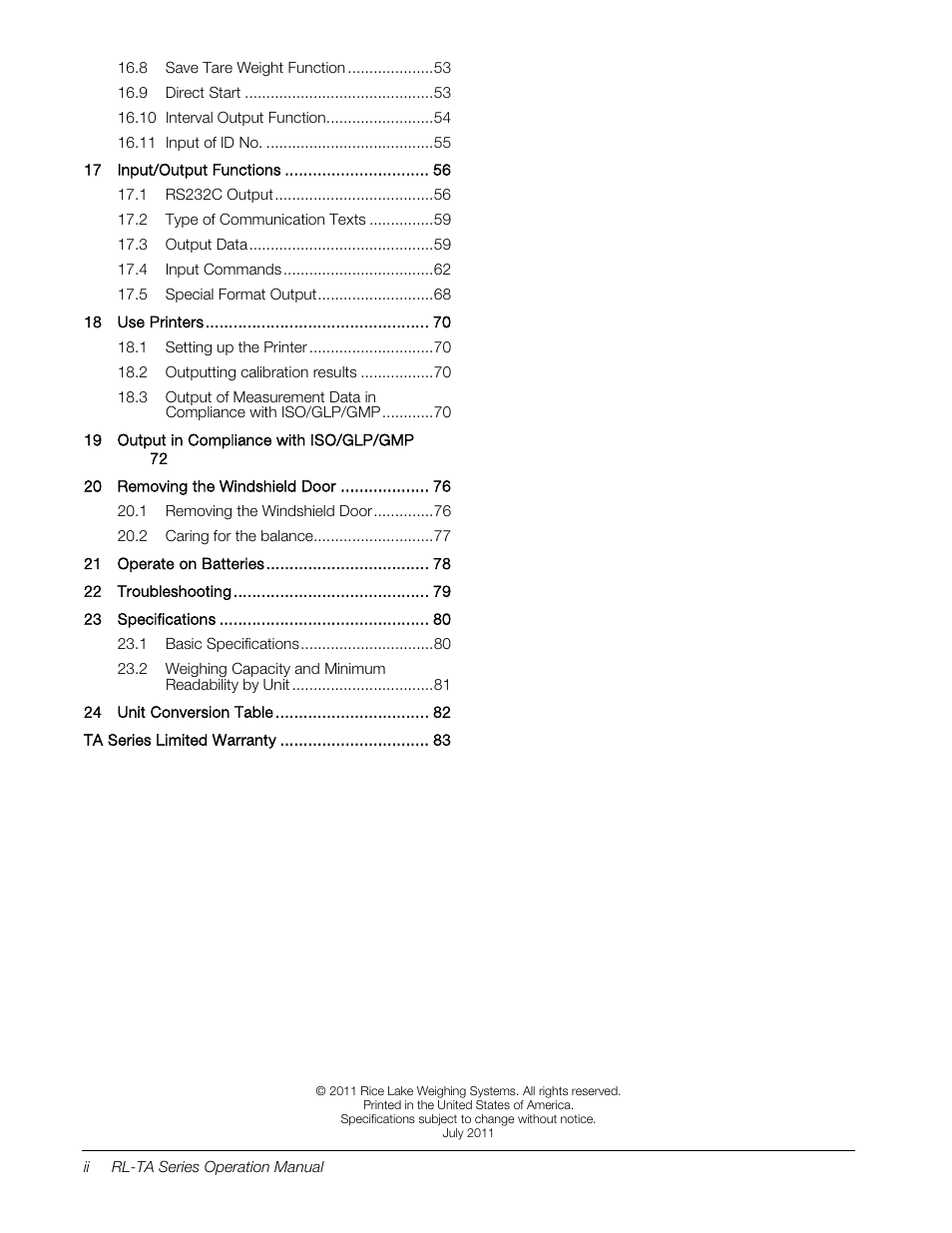 Rice Lake TA Series, Rice Lake Weighing Systems User Manual | Page 4 / 88