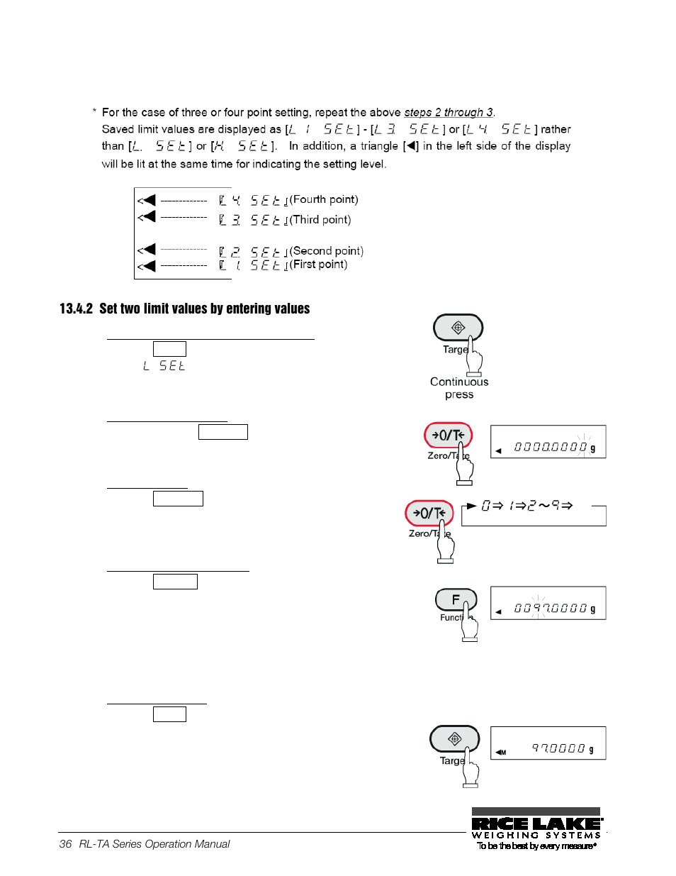 2 set two limit values by entering values, Switch to the setting screen of limit values, Enter a numerical value | Select a number, Select a digit to enter a value, Save the lower limit | Rice Lake TA Series, Rice Lake Weighing Systems User Manual | Page 40 / 88