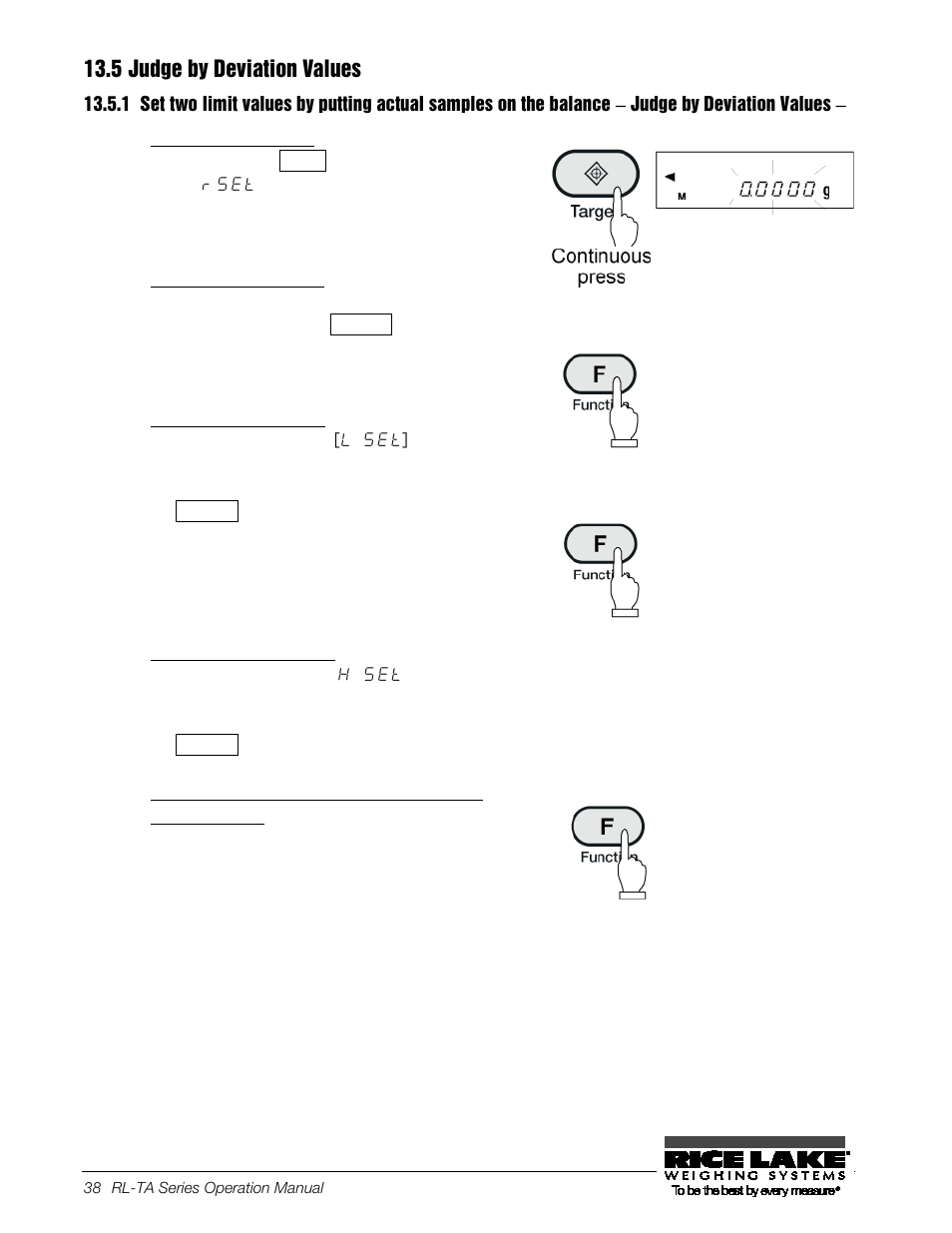 5 judge by deviation values, Start limit value setting, Enter a reference weight | Enter a lower limit value, Enter an upper limit value, Judge by deviation values | Rice Lake TA Series, Rice Lake Weighing Systems User Manual | Page 42 / 88
