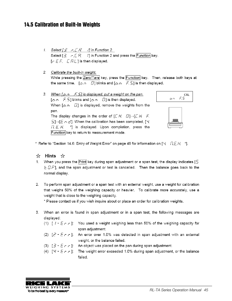 5 calibration of built-in weights, Calibration of built-in weights | Rice Lake TA Series, Rice Lake Weighing Systems User Manual | Page 49 / 88