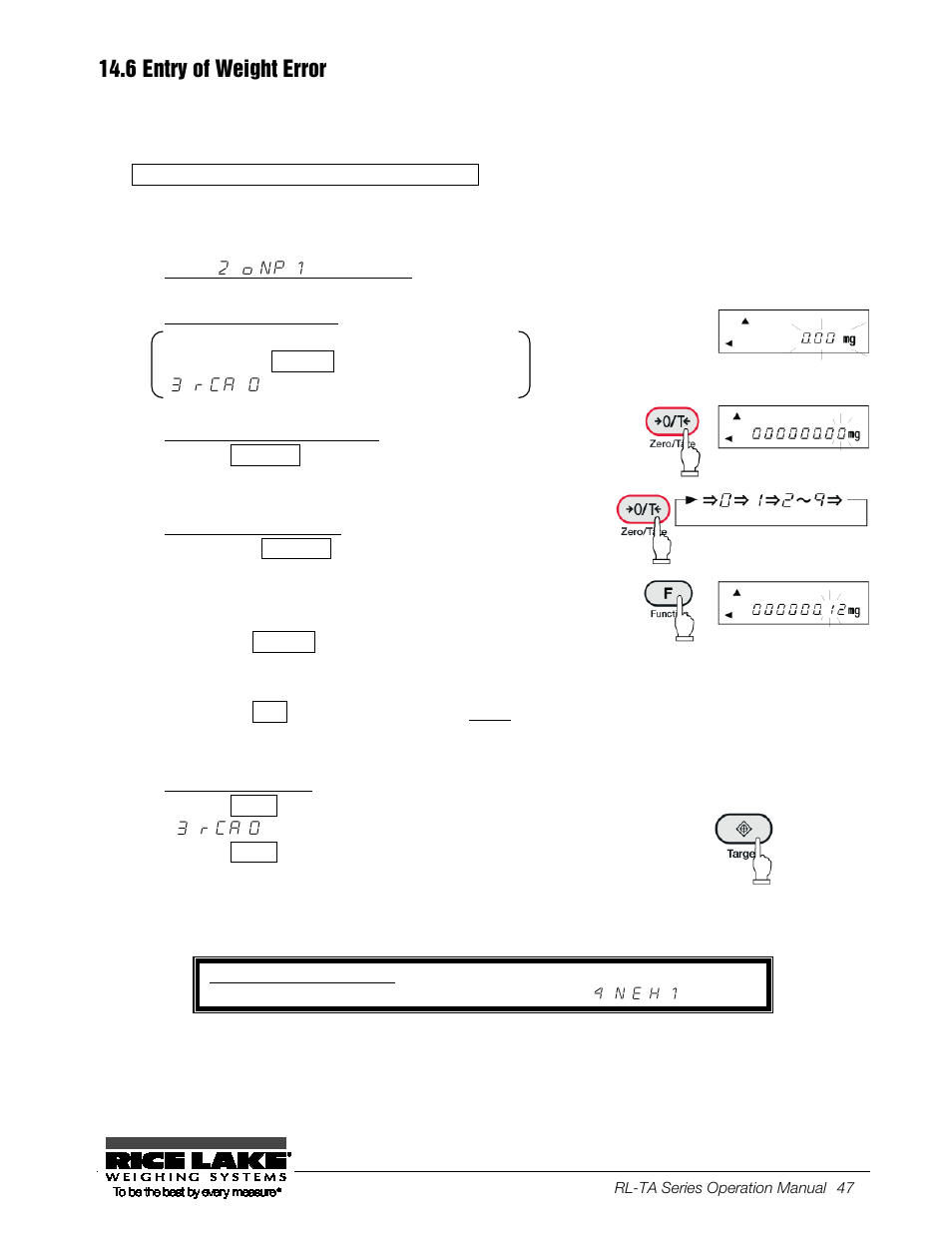 6 entry of weight error, Select [2. o.np. 1] in function 2, Display the weight error | Start entering the weight error, Enter a numerical values, Save the weight error, Entry of weight error | Rice Lake TA Series, Rice Lake Weighing Systems User Manual | Page 51 / 88