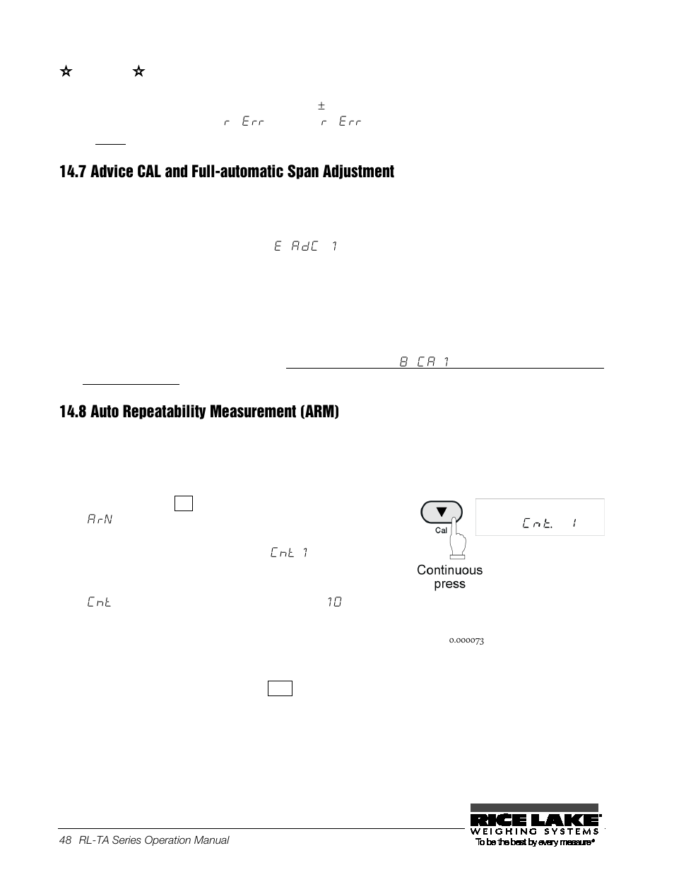 7 advice cal and full-automatic span adjustment, 8 auto repeatability measurement (arm), Advice cal and full-automatic span | Adjustment, Auto repeatability measurement (arm) 48 | Rice Lake TA Series, Rice Lake Weighing Systems User Manual | Page 52 / 88