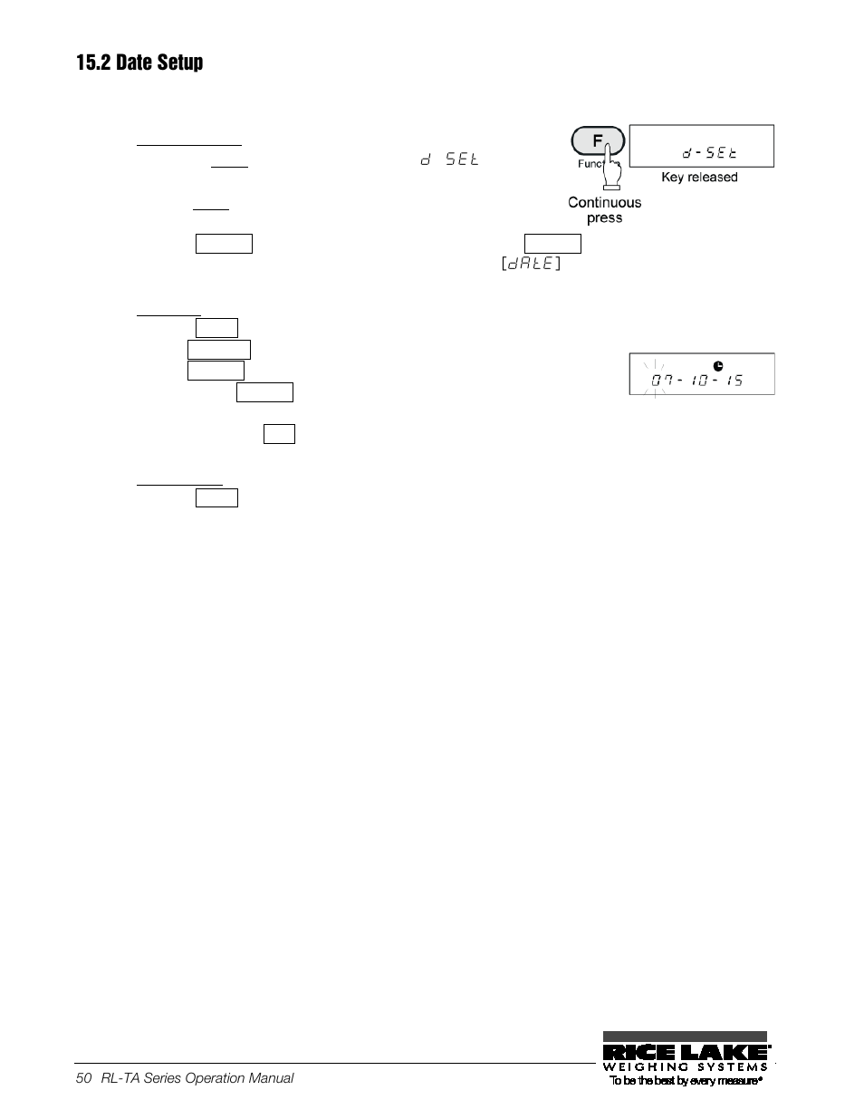 2 date setup, Display the date, Set a date | Save the date, Date setup | Rice Lake TA Series, Rice Lake Weighing Systems User Manual | Page 54 / 88