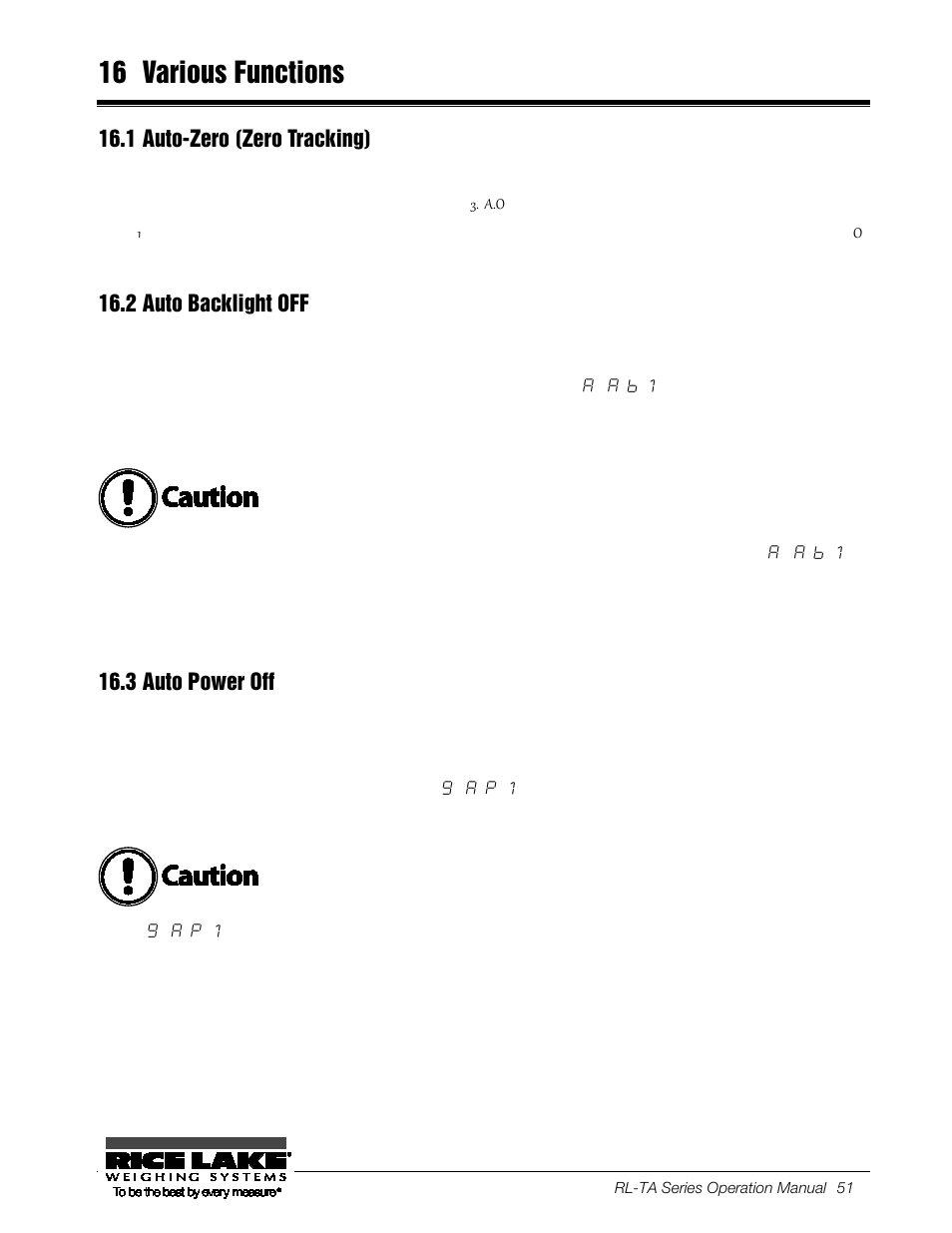16 various functions, 1 auto-zero (zero tracking), 2 auto backlight off | 3 auto power off, Various functions, Auto-zero (zero tracking), Auto backlight off, Auto power off | Rice Lake TA Series, Rice Lake Weighing Systems User Manual | Page 55 / 88
