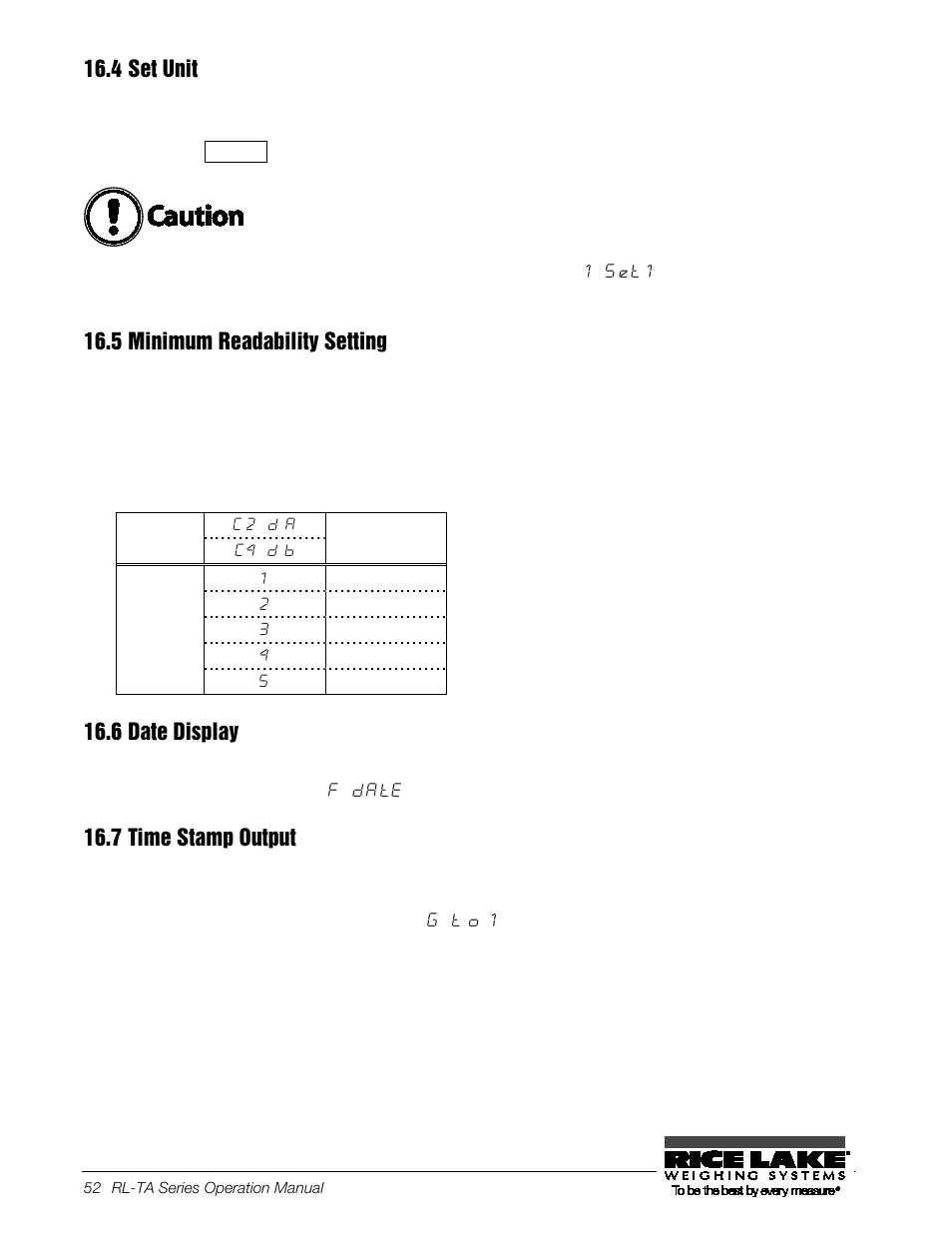 4 set unit, 5 minimum readability setting, 6 date display | 7 time stamp output, Set unit, Minimum readability setting, Date display, Time stamp output | Rice Lake TA Series, Rice Lake Weighing Systems User Manual | Page 56 / 88