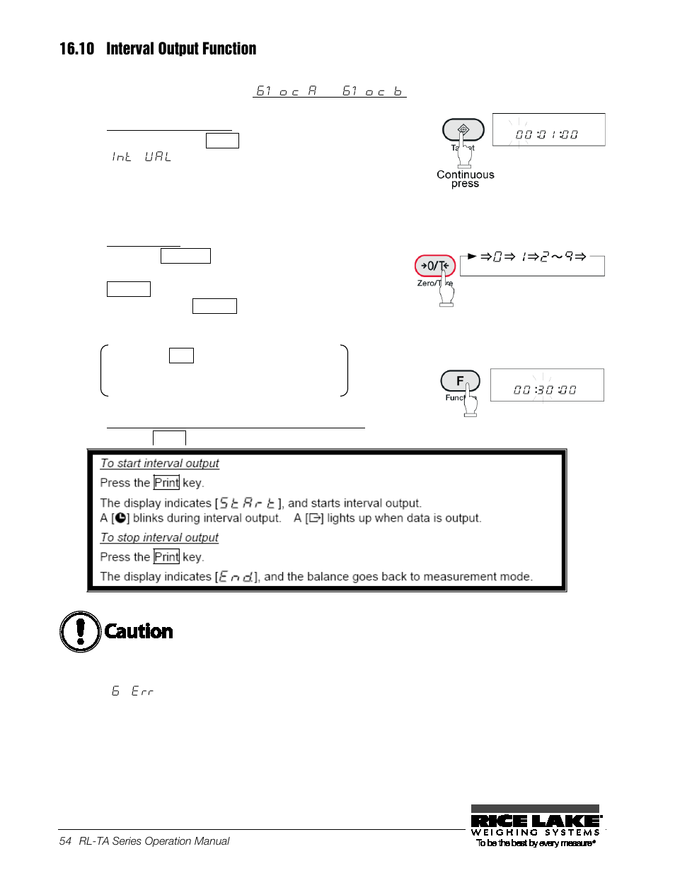 10 interval output function, Call the interval function, Set an interval | Save the settings, and go back to measurement mode, Interval output function | Rice Lake TA Series, Rice Lake Weighing Systems User Manual | Page 58 / 88