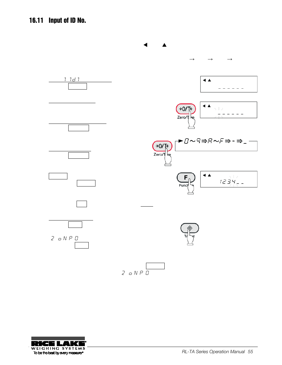 11 input of id no, Select [1. 1d 1] in function 2, Display an id number | Start to enter an id number, Enter an id number, Save the id number, Input of id no | Rice Lake TA Series, Rice Lake Weighing Systems User Manual | Page 59 / 88