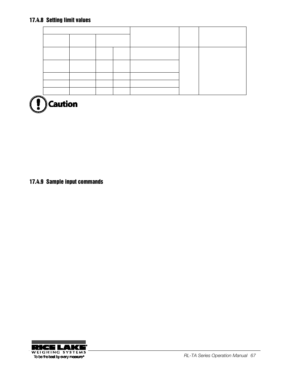 8 setting limit values, 9 sample input commands | Rice Lake TA Series, Rice Lake Weighing Systems User Manual | Page 71 / 88