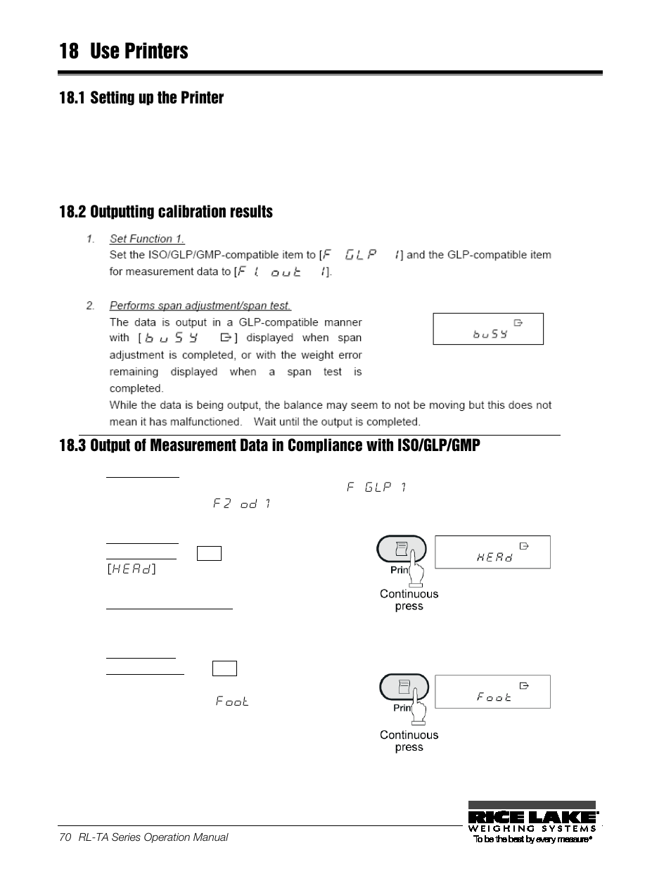 18 use printers, 1 setting up the printer, 2 outputting calibration results | Set function 1, Header output, Measurement data output, Footer output, Use printers, Setting up the printer, Outputting calibration results | Rice Lake TA Series, Rice Lake Weighing Systems User Manual | Page 74 / 88