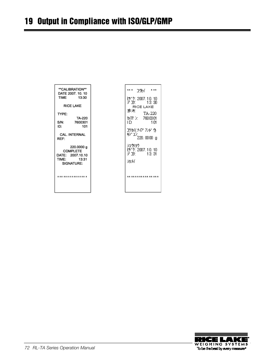 19 output in compliance with iso/glp/gmp, Output in compliance with iso/glp/gmp | Rice Lake TA Series, Rice Lake Weighing Systems User Manual | Page 76 / 88