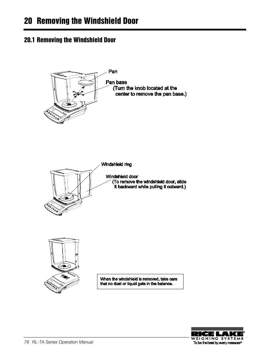 20 removing the windshield door, 1 removing the windshield door, Remove the pan and pan base | Removing the windshield door | Rice Lake TA Series, Rice Lake Weighing Systems User Manual | Page 80 / 88