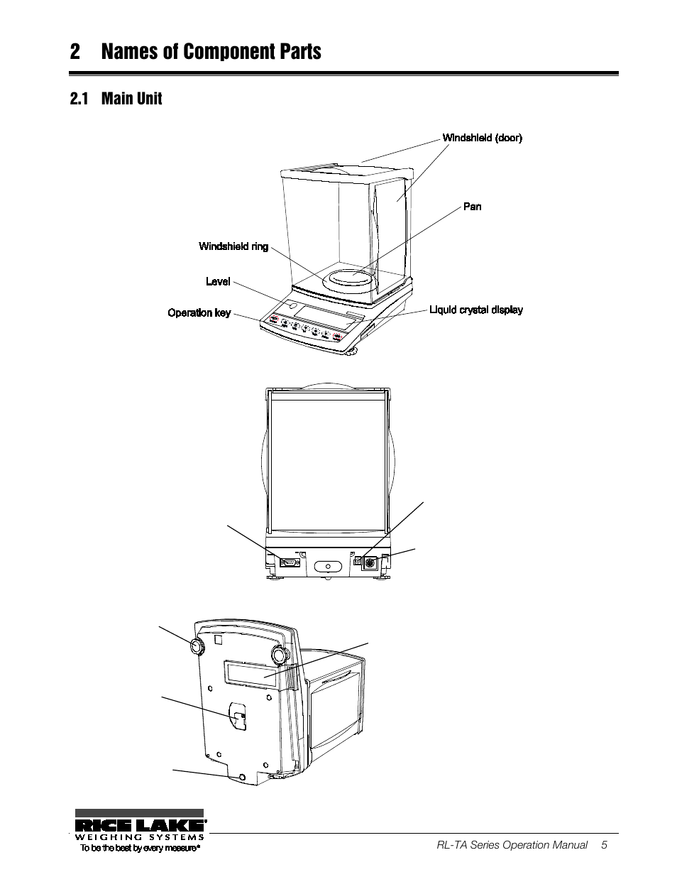 2 names of component parts, 1 main unit, Names of component parts | Main unit | Rice Lake TA Series, Rice Lake Weighing Systems User Manual | Page 9 / 88