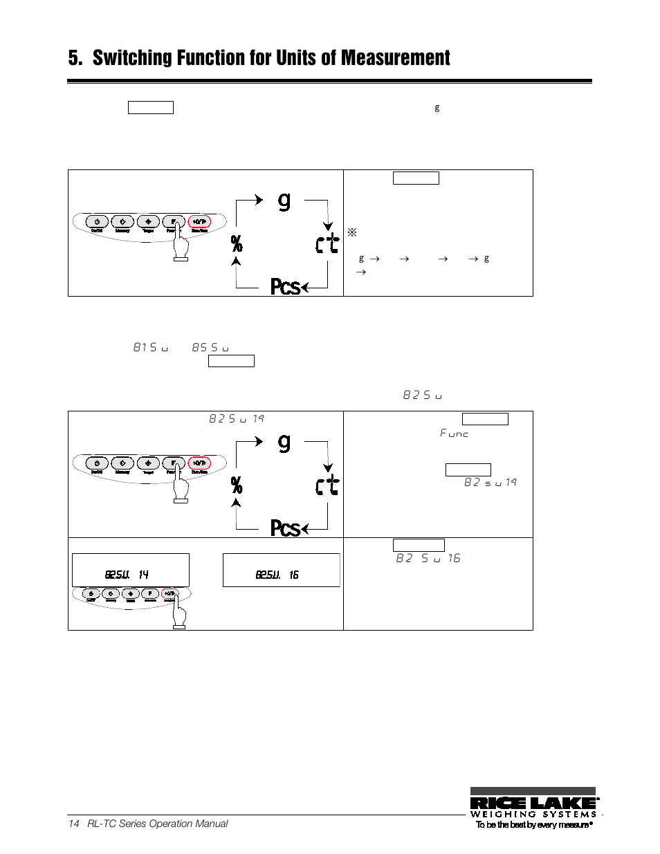 Switching function for units of measurement, 1 switching units of measurement, 2 setup of units of measurement | Rice Lake TC Series, Rice Lake Weighing Systems - Operation Manual User Manual | Page 19 / 42