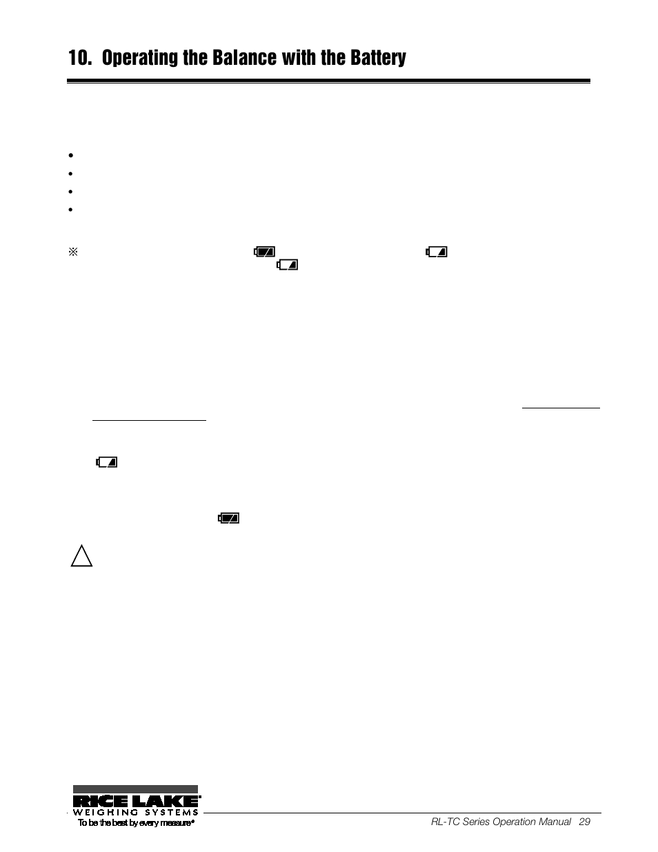 Operating the balance with the battery, 1 specifications, 2 charging method | 3 user precautions, Specifications, Charging method, User precautions | Rice Lake TC Series, Rice Lake Weighing Systems - Operation Manual User Manual | Page 34 / 42