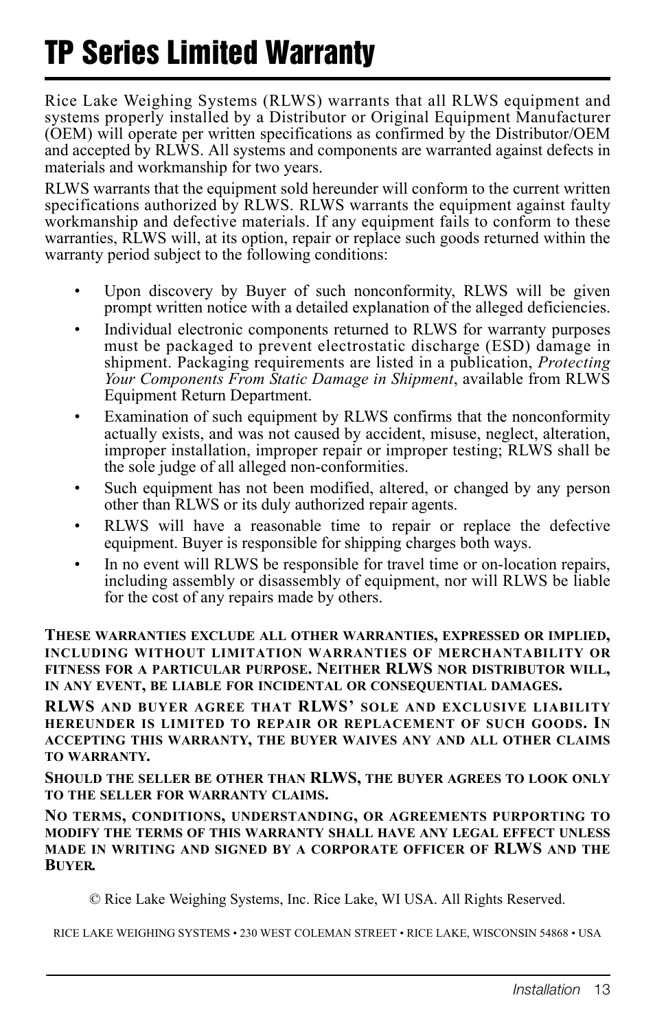 Tp series limited warranty | Rice Lake TP Series, Rice Lake Weighing Systems - Software Development Kit User Manual | Page 17 / 20