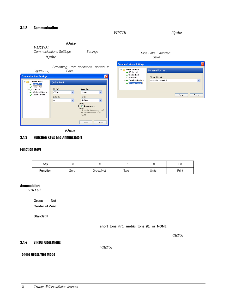 2 communication, 3 function keys and annunciators, 4 virtui operations | Communication, Function keys and annunciators, Virtui operations | Rice Lake Tracer AVi - v1.0 User Manual | Page 14 / 22