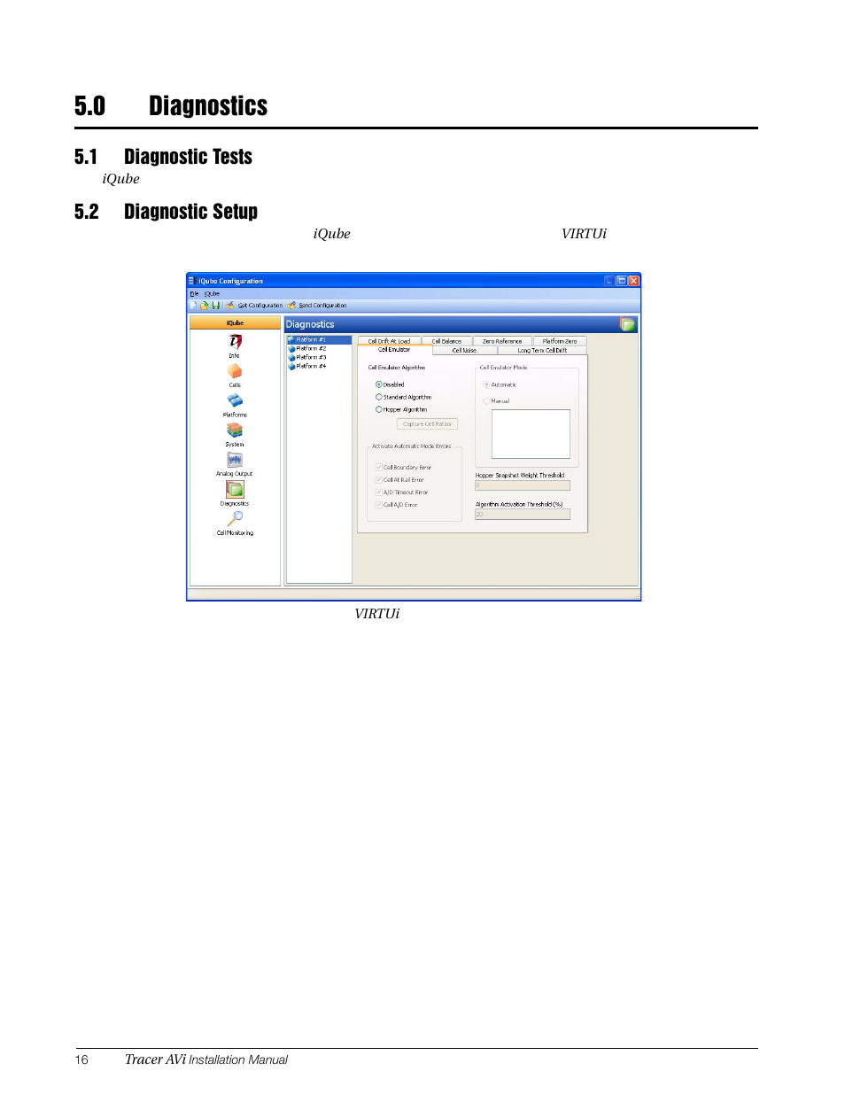 0 diagnostics, 1 diagnostic tests, 2 diagnostic setup | Diagnostics, 1 diagnostic tests 5.2 diagnostic setup | Rice Lake Tracer AVi - v1.0 User Manual | Page 20 / 22