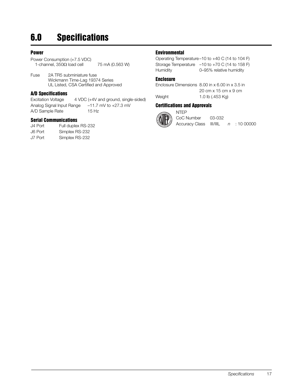 0 specifications, Specifications, Power | A/d specifications, Serial communications, Environmental, Enclosure, Certifications and approvals, Specifications 17 | Rice Lake Tracer AVi - v1.0 User Manual | Page 21 / 22