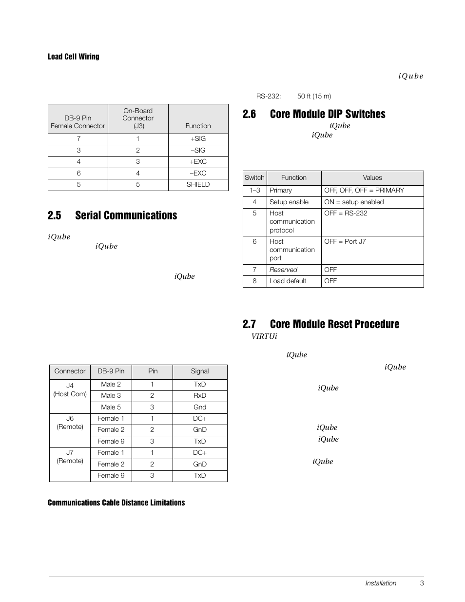 5 serial communications, 6 core module dip switches, 7 core module reset procedure | Rice Lake Tracer AVi - v1.0 User Manual | Page 7 / 22