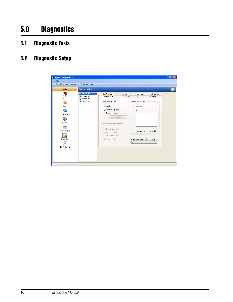 0 diagnostics, 1 diagnostic tests, 2 diagnostic setup | Diagnostics, 1 diagnostic tests 5.2 diagnostic setup | Rice Lake Tracer AVi - v2.0 User Manual | Page 20 / 22