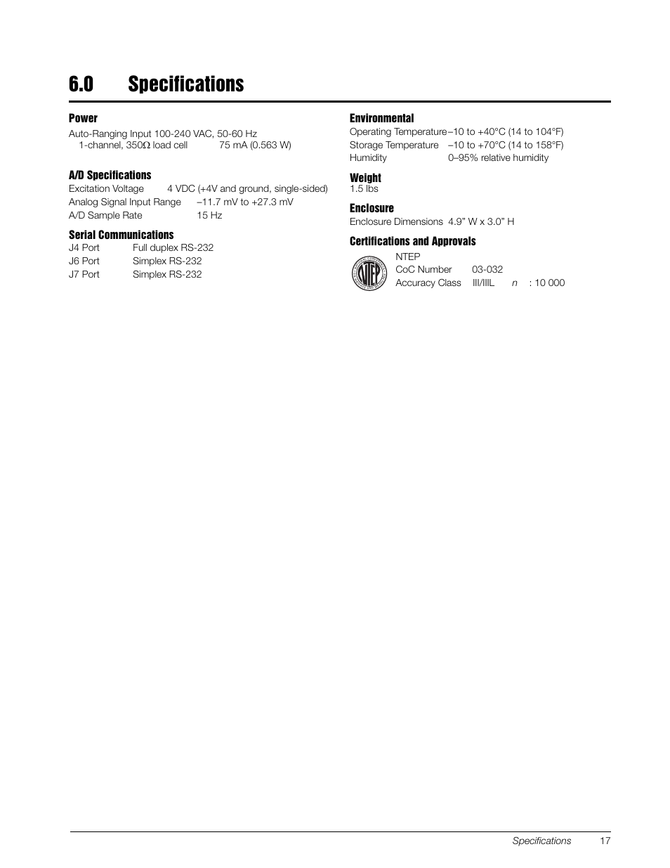 0 specifications, Specifications, Power | A/d specifications, Serial communications, Environmental, Weight, Enclosure, Certifications and approvals, Specifications 17 | Rice Lake Tracer AVi - v2.0 User Manual | Page 21 / 22