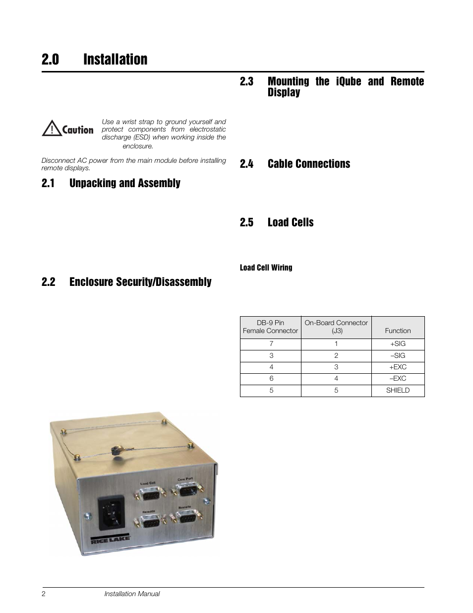 0 installation, 1 unpacking and assembly, 2 enclosure security/disassembly | 3 mounting the iqube and remote display, 4 cable connections, 5 load cells, Installation | Rice Lake Tracer AVi - v2.0 User Manual | Page 6 / 22