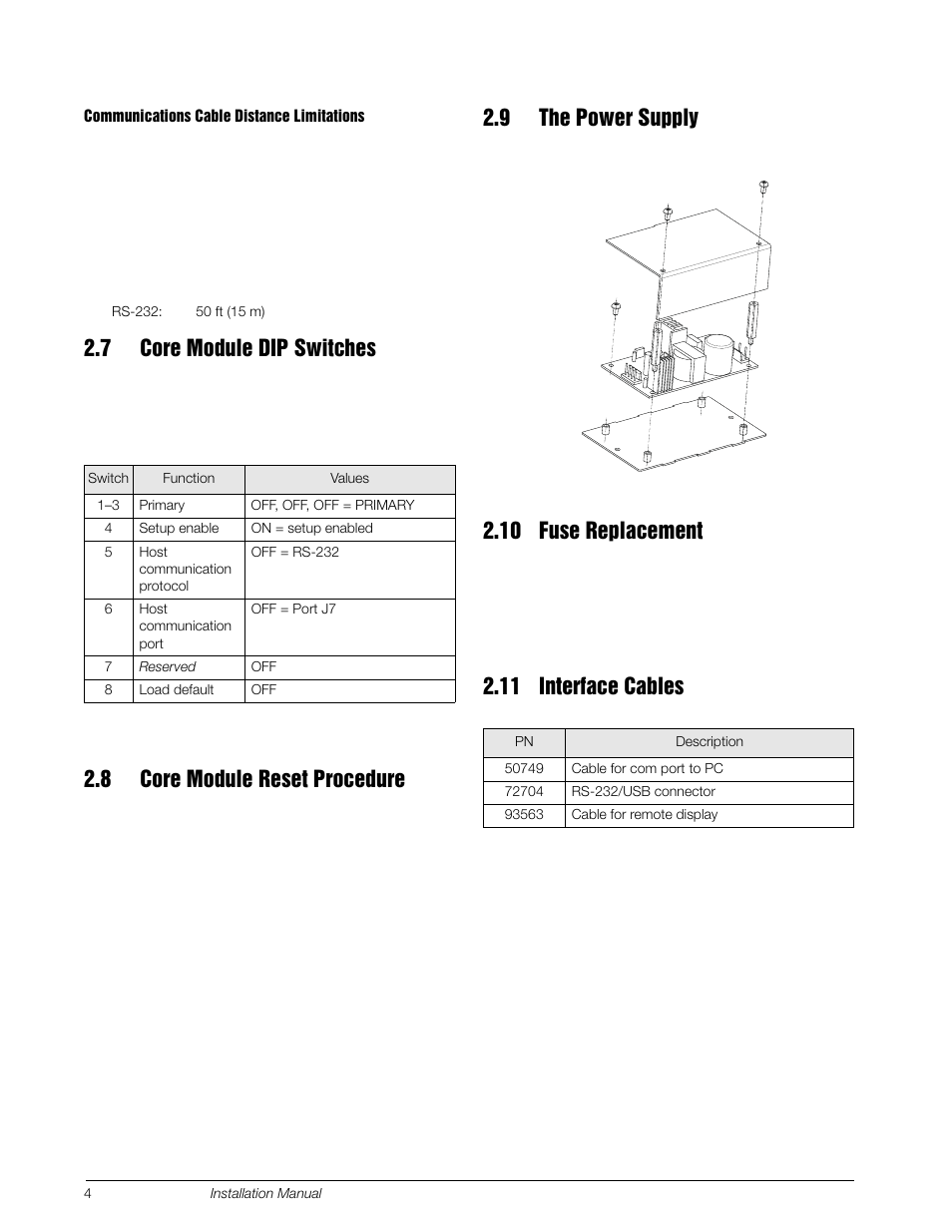 7 core module dip switches, 8 core module reset procedure, 9 the power supply | 10 fuse replacement, 11 interface cables | Rice Lake Tracer AVi - v2.0 User Manual | Page 8 / 22