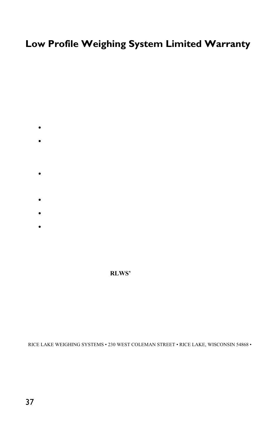 Low profile weighing system limited warranty | Rice Lake TradeRoute HL Series - Low Profile Operators Manual for Models from 2011 and Older 127465 User Manual | Page 40 / 44