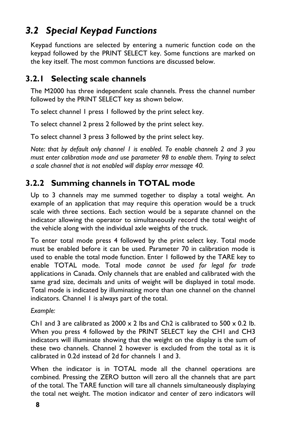 2 special keypad functions, 1 selecting scale channels, 2 summing channels in total mode | Rice Lake TradeRoute HL Series - M2000 Scale User Manual | Page 12 / 49