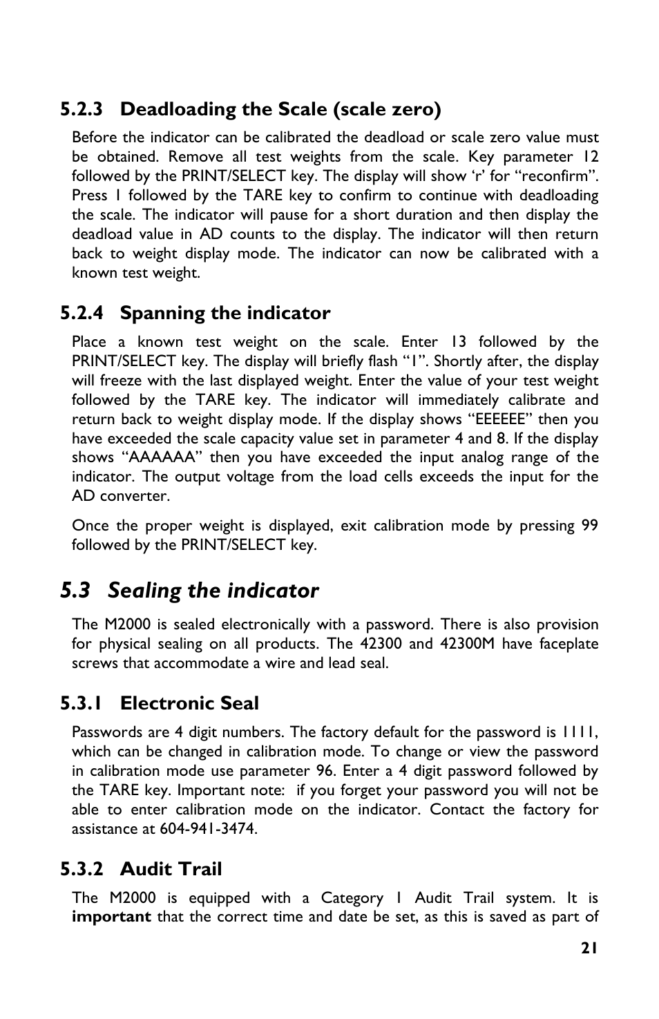 3 deadloading the scale (scale zero), 4 spanning the indicator, 3 sealing the indicator | 1 electronic seal, 2 audit trail | Rice Lake TradeRoute HL Series - M2000 Scale User Manual | Page 25 / 49