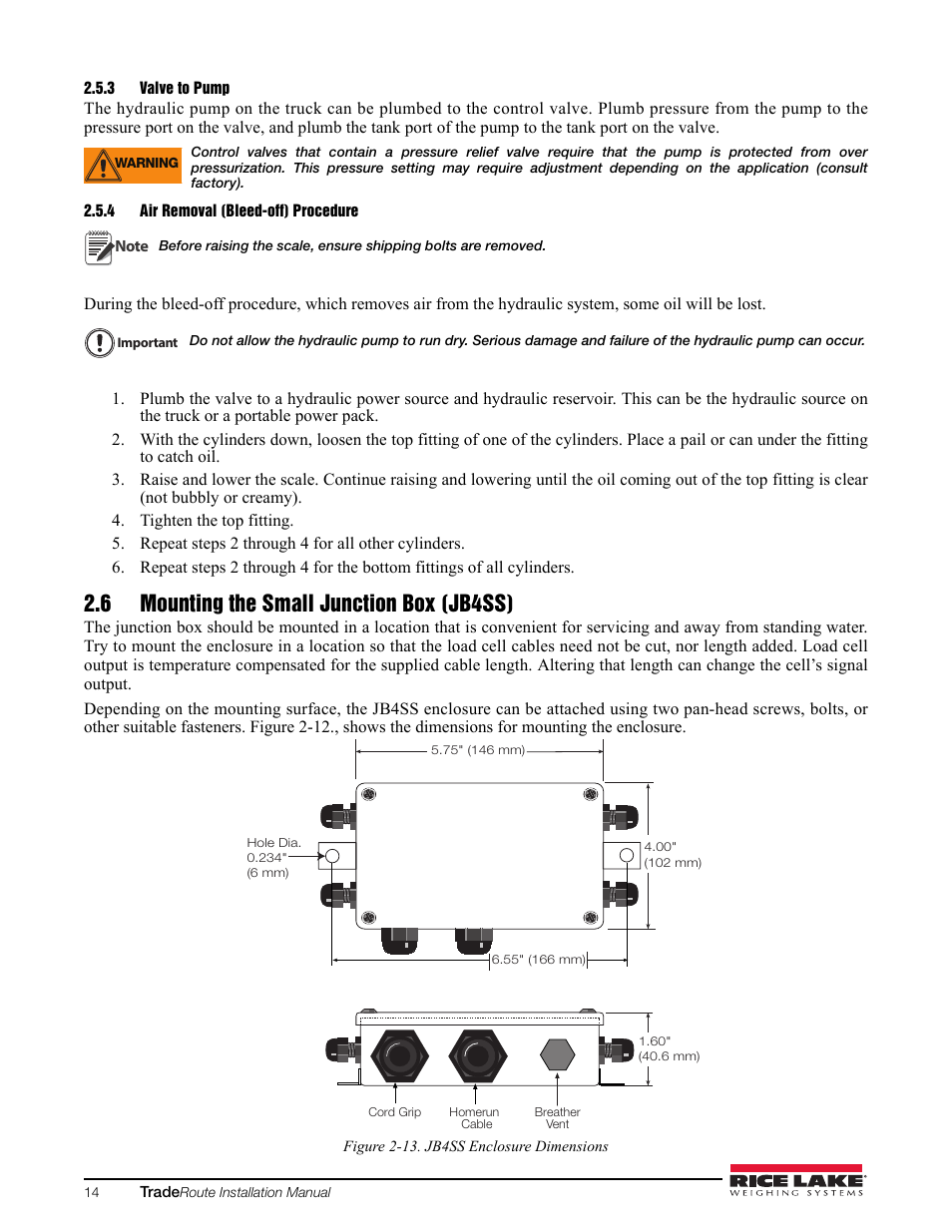 3 valve to pump, 4 air removal (bleed-off) procedure, 6 mounting the small junction box (jb4ss) | Rice Lake TradeRoute HL Series - Installation and Service Manual (Legal-for-Trade) User Manual | Page 18 / 54