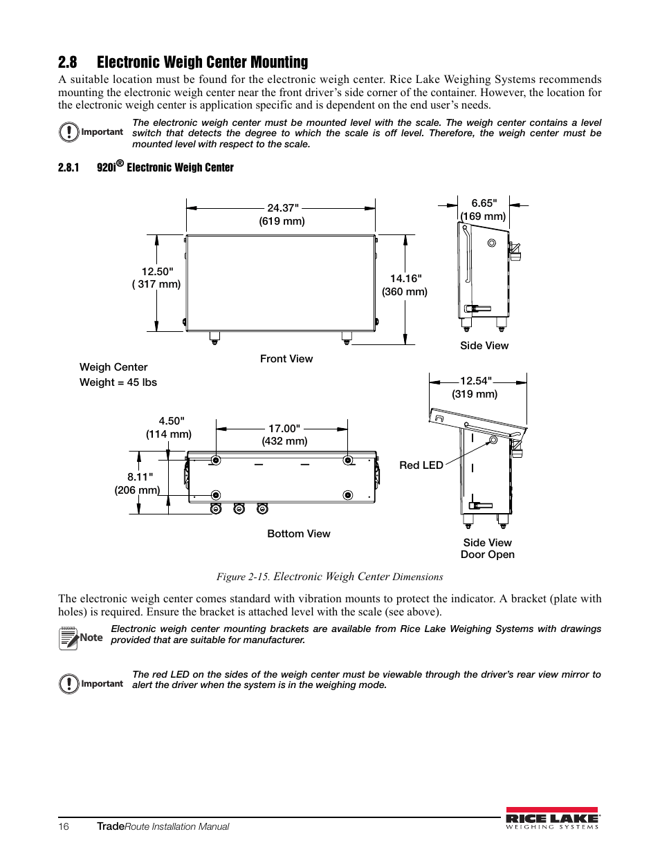 8 electronic weigh center mounting, 1 920i® electronic weigh center | Rice Lake TradeRoute HL Series - Installation and Service Manual (Legal-for-Trade) User Manual | Page 20 / 54