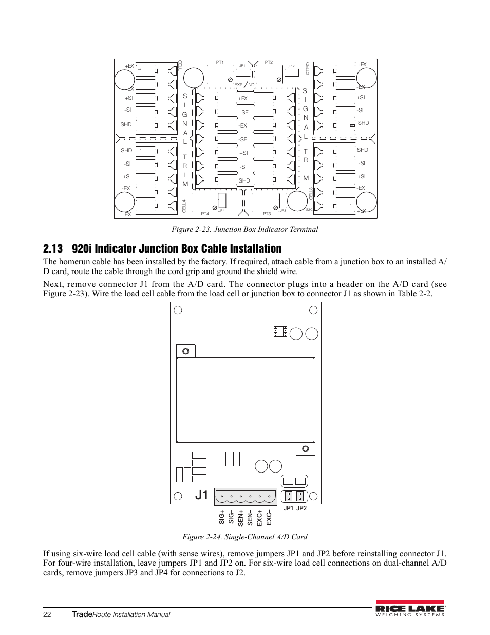 13 920i indicator junction box cable installation, Trade, Figure 2-23. junction box indicator terminal | Figure 2-24. single-channel a/d card | Rice Lake TradeRoute HL Series - Installation and Service Manual (Legal-for-Trade) User Manual | Page 26 / 54