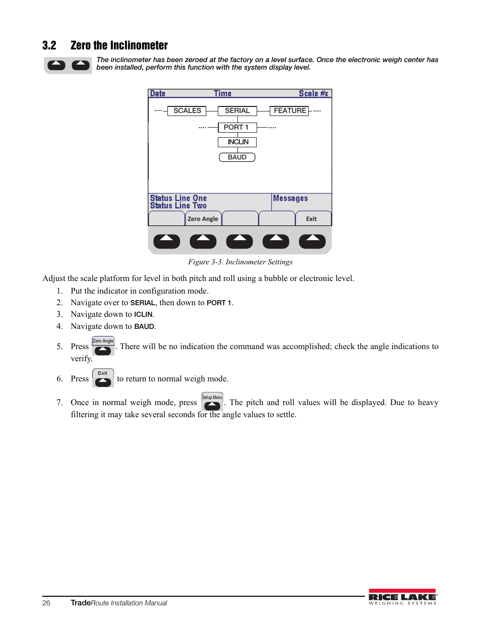 2 zero the inclinometer | Rice Lake TradeRoute HL Series - Installation and Service Manual (Legal-for-Trade) User Manual | Page 30 / 54