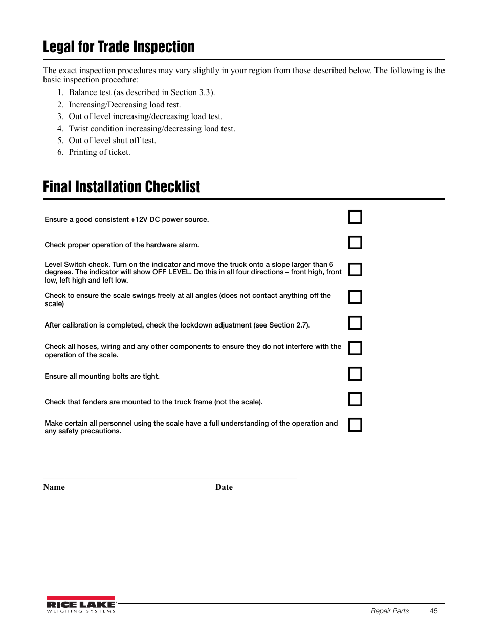 Legal for trade inspection, Final installation checklist | Rice Lake TradeRoute HL Series - Installation and Service Manual (Legal-for-Trade) User Manual | Page 49 / 54