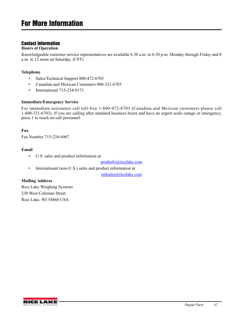 For more information | Rice Lake TradeRoute HL Series - Installation and Service Manual (Legal-for-Trade) User Manual | Page 51 / 54