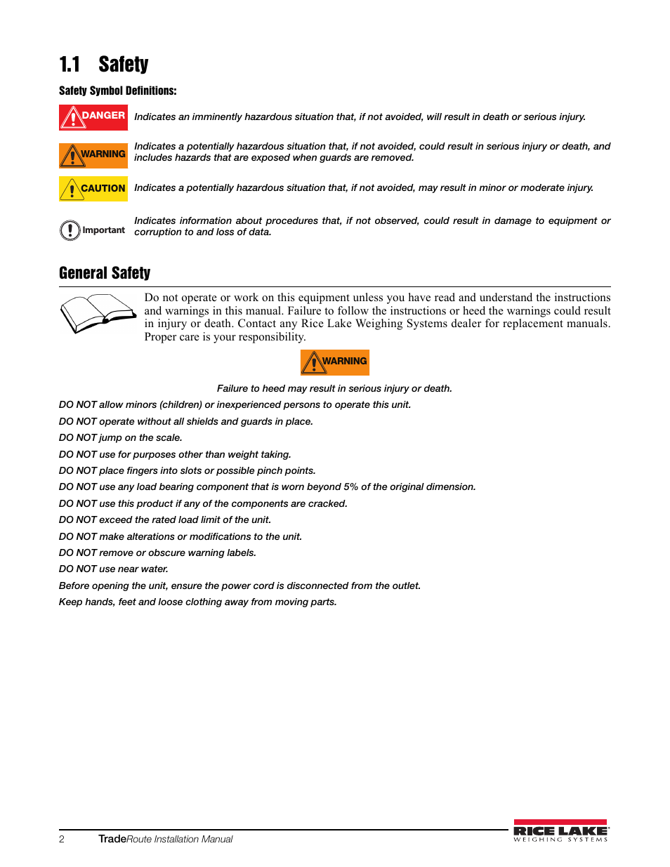 1 safety, General safety | Rice Lake TradeRoute HL Series - Installation and Service Manual (Legal-for-Trade) User Manual | Page 6 / 54