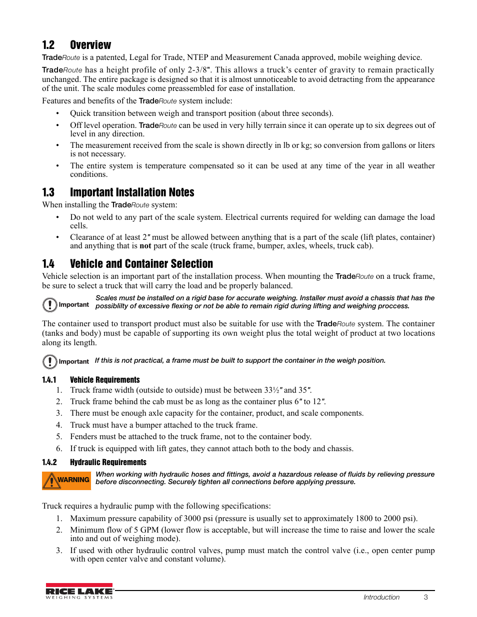 2 overview, 3 important installation notes, 4 vehicle and container selection | 1 vehicle requirements, 2 hydraulic requirements | Rice Lake TradeRoute HL Series - Installation and Service Manual (Legal-for-Trade) User Manual | Page 7 / 54