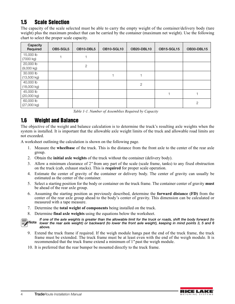 5 scale selection, 6 weight and balance, 5 scale selection 1.6 weight and balance | Rice Lake TradeRoute HL Series - Installation and Service Manual (Legal-for-Trade) User Manual | Page 8 / 54