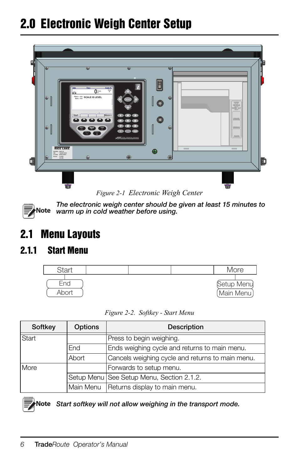 0 electronic weigh center setup, 1 menu layouts, 1 start menu | Start more, Electronic weigh center, 6trade route operator’s manual, Figure 2-1, End abort setup menu main menu | Rice Lake TradeRoute HL Series - Operation Manual (Legal-for-Trade) User Manual | Page 10 / 48