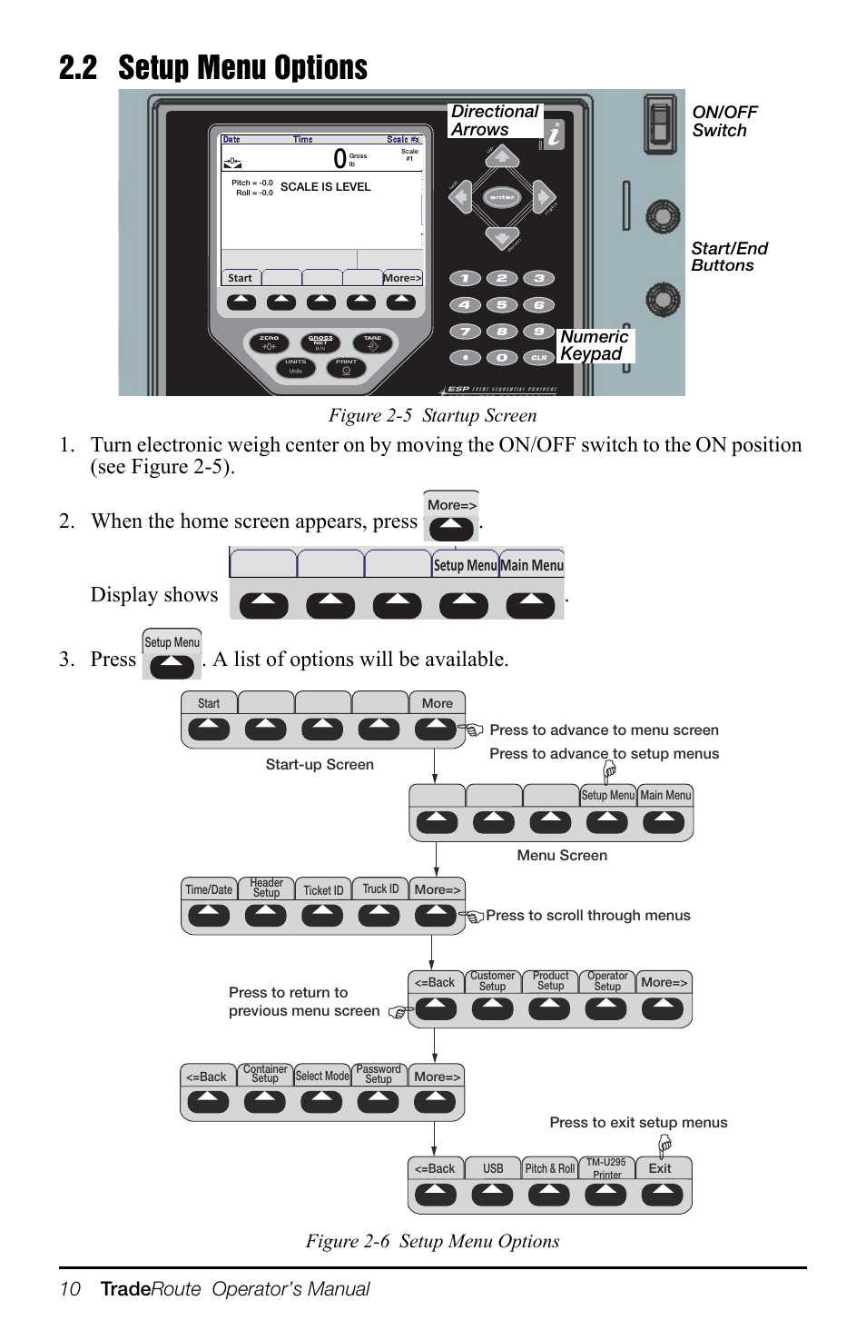 2 setup menu options, 10 trade route operator’s manual, Figure 2-5 startup screen | Figure 2-6 setup menu options, Keypad | Rice Lake TradeRoute HL Series - Operation Manual (Legal-for-Trade) User Manual | Page 14 / 48