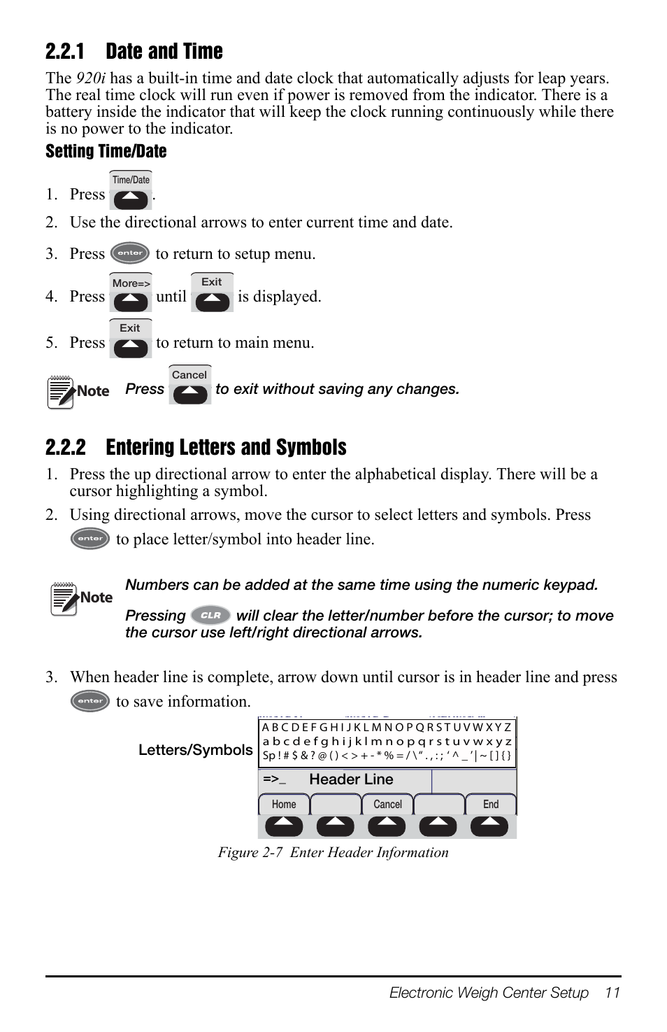 1 date and time, 2 entering letters and symbols, 1 date and time 2.2.2 entering letters and symbols | Section 2.2.1 | Rice Lake TradeRoute HL Series - Operation Manual (Legal-for-Trade) User Manual | Page 15 / 48