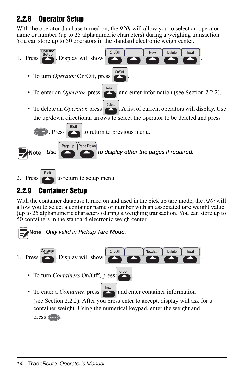 8 operator setup, 9 container setup, 8 operator setup 2.2.9 container setup | Section 2.2.8, Section 2.2.9 | Rice Lake TradeRoute HL Series - Operation Manual (Legal-for-Trade) User Manual | Page 18 / 48