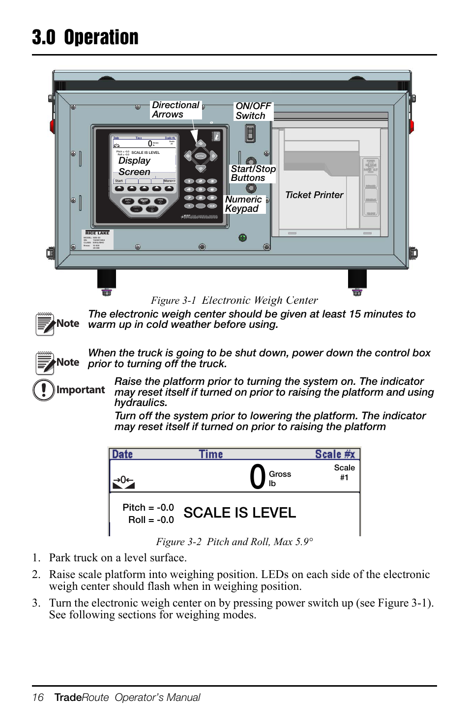 0 operation, Scale is level, Electronic weigh center | 16 trade route operator’s manual, Figure 3-1, Keypad, Directional arrows, Switch numeric, Start/stop, Display screen ticket printer | Rice Lake TradeRoute HL Series - Operation Manual (Legal-for-Trade) User Manual | Page 20 / 48